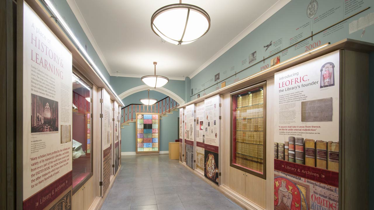 Exeter Cathedral oak paneled exhibition display - open
