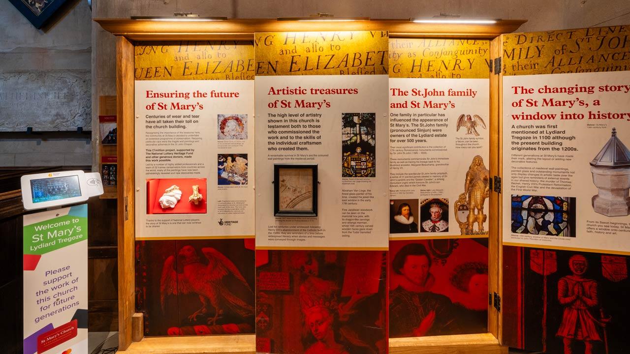 St Mary's Church exhibition oak cabinet, open to reveal interpretive display panels