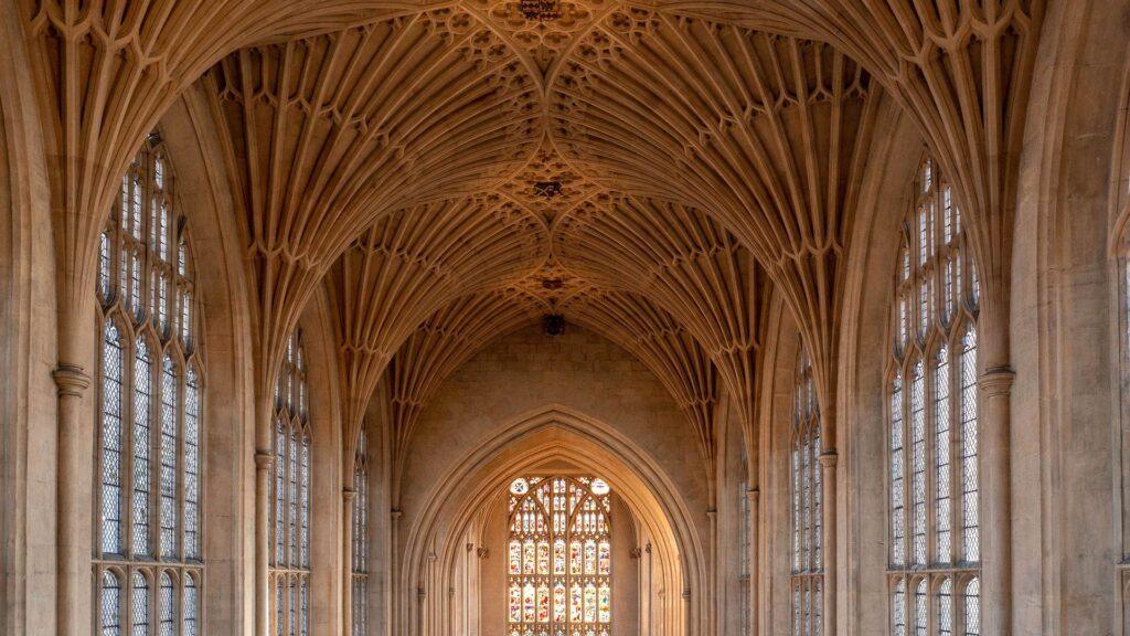 Bath Abbey interior photograph showing ceiling and stained glass windows