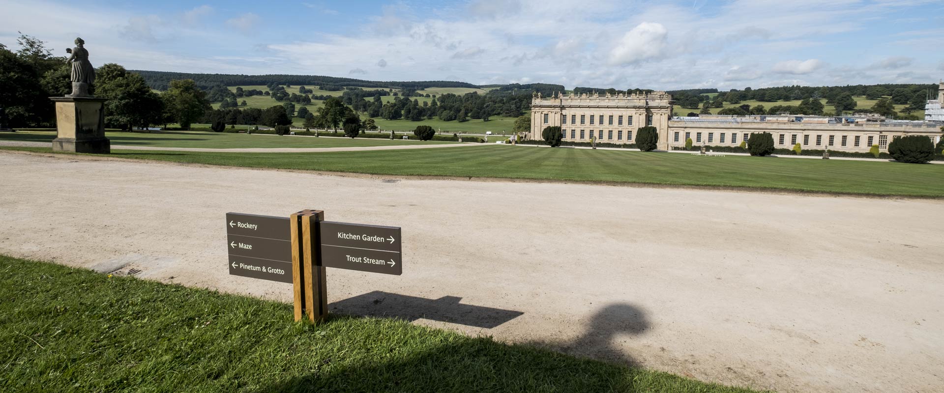Chatsworth House signage with the house in the background
