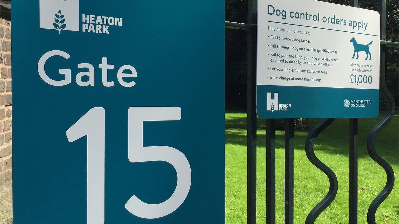 Heaton Park Gate 15 and dog control signage