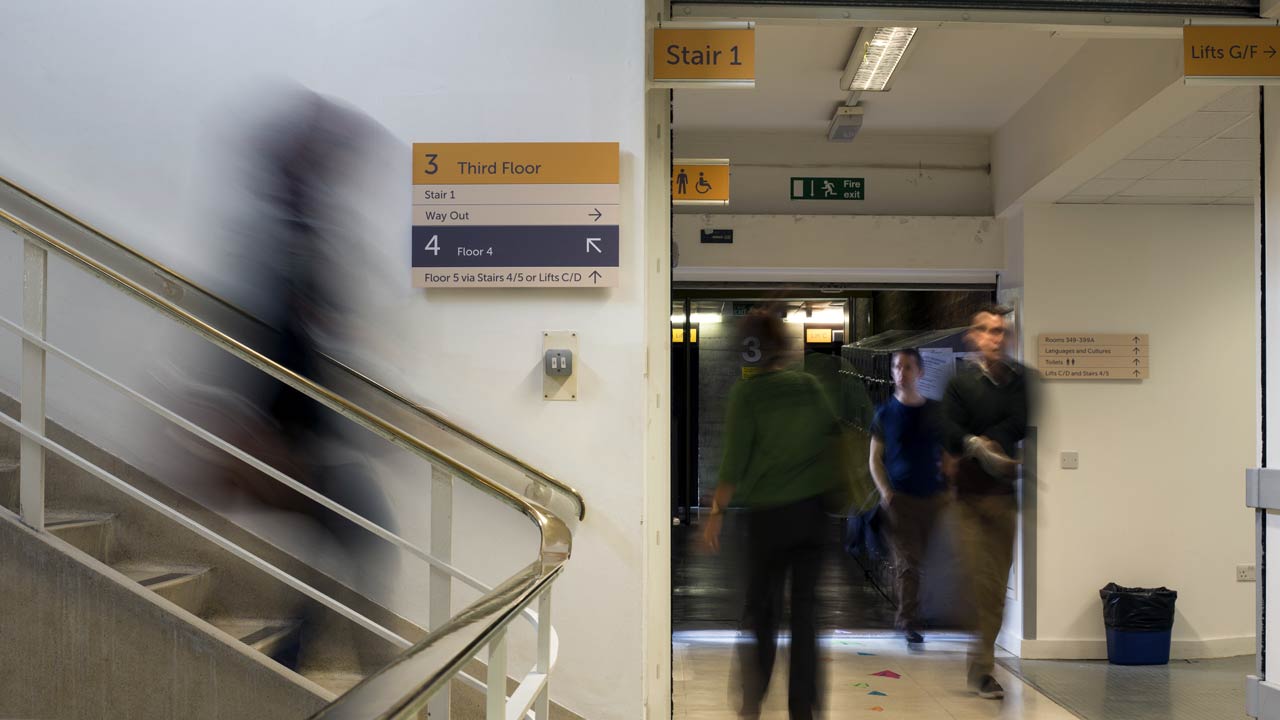 SOAS University hallway wayfinding signage