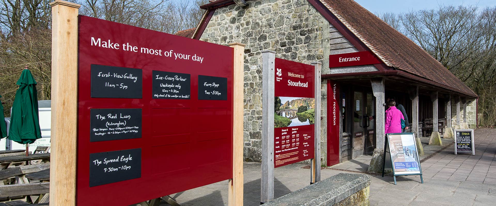 National Trust Stourhead signage for events, admission, and visitor reception