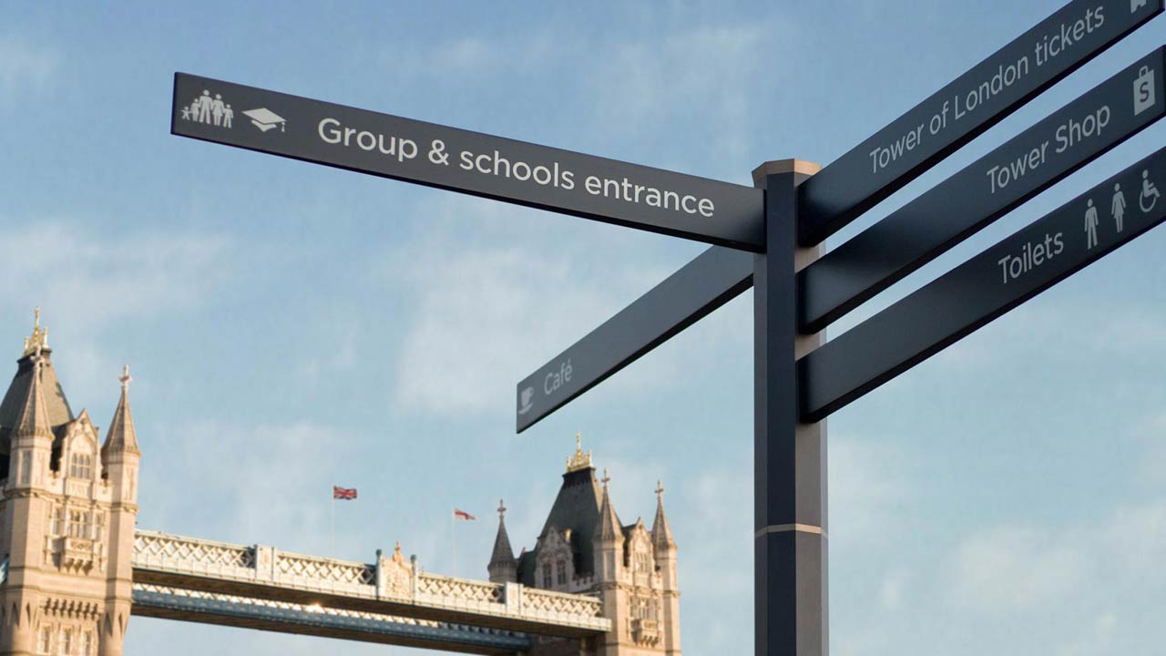 Tower of London signpost, Tower Bridge in background