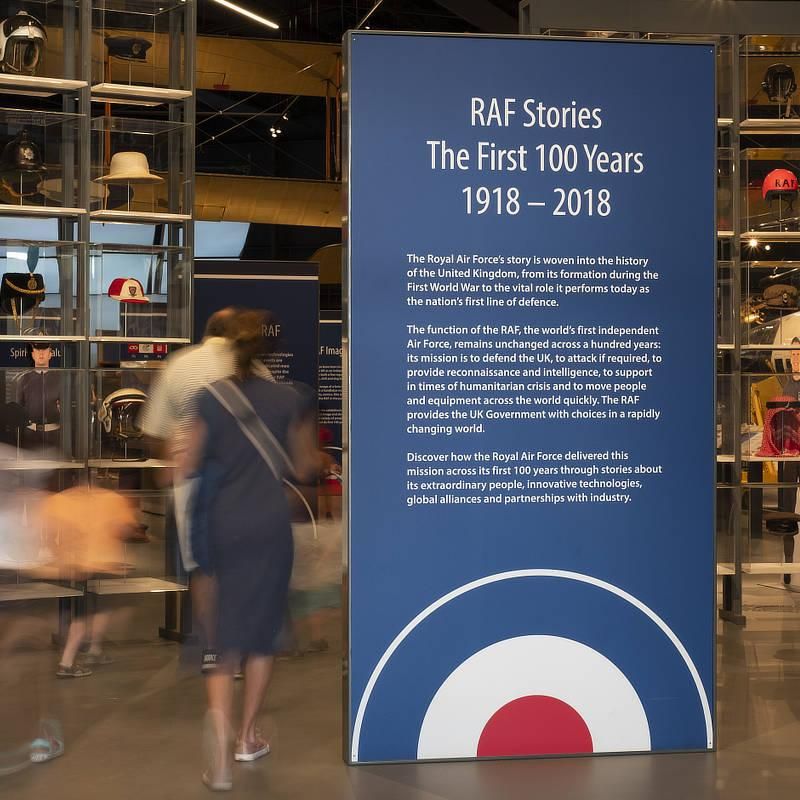 RAF Museum signage telling the story of the first 100 years of the RAF