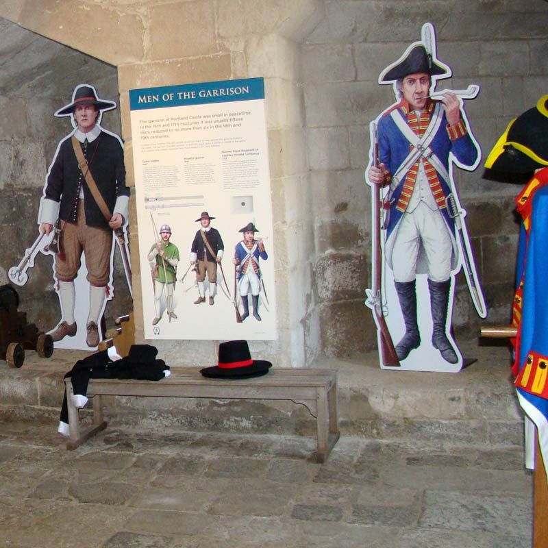 Portland Castle 'Men of the Garrison' exhibition showing uniforms, with life-size cutouts standing in display