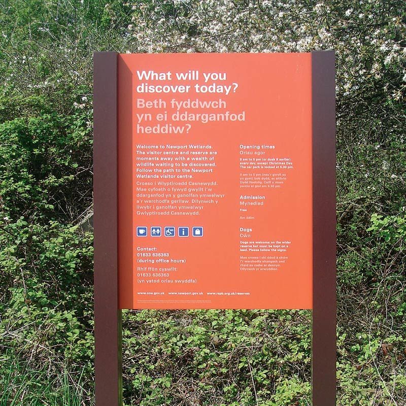 Newport Wetlands dual English and Welsh information signage