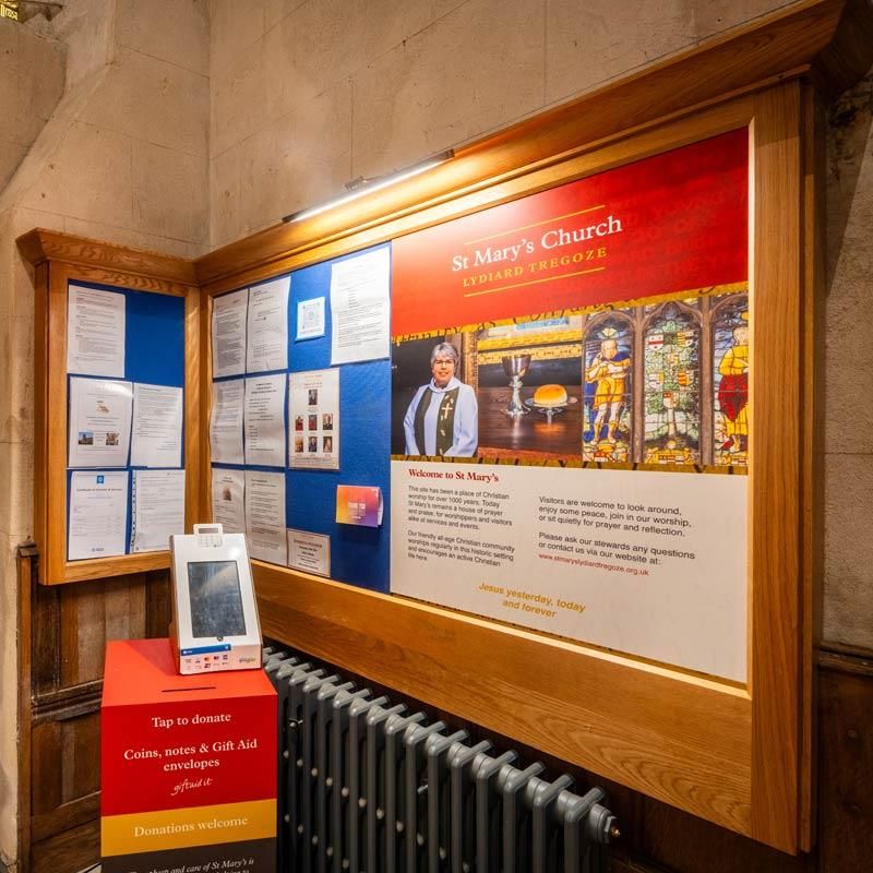 St Mary's Church interior entrance donation and information signage